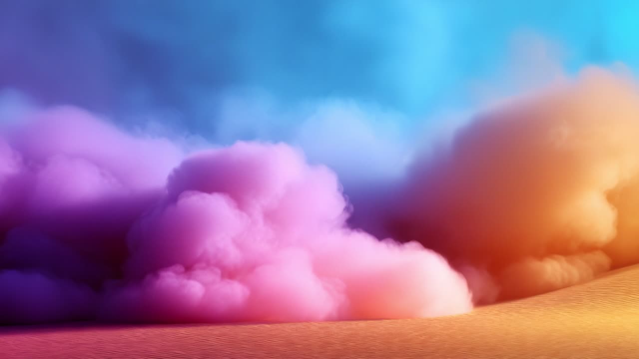 A mesmerizing blend of vibrant colors fills the sky, while billowing clouds of purple, pink, and orange create a stunning visual spectacle against a soft sandy landscape