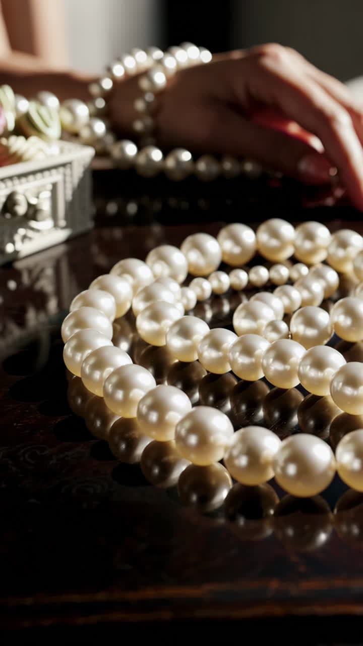 Woman's hands adjusting a pearl necklace on a dressing table