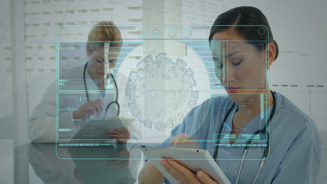 Animation of diverse female doctors over data processing