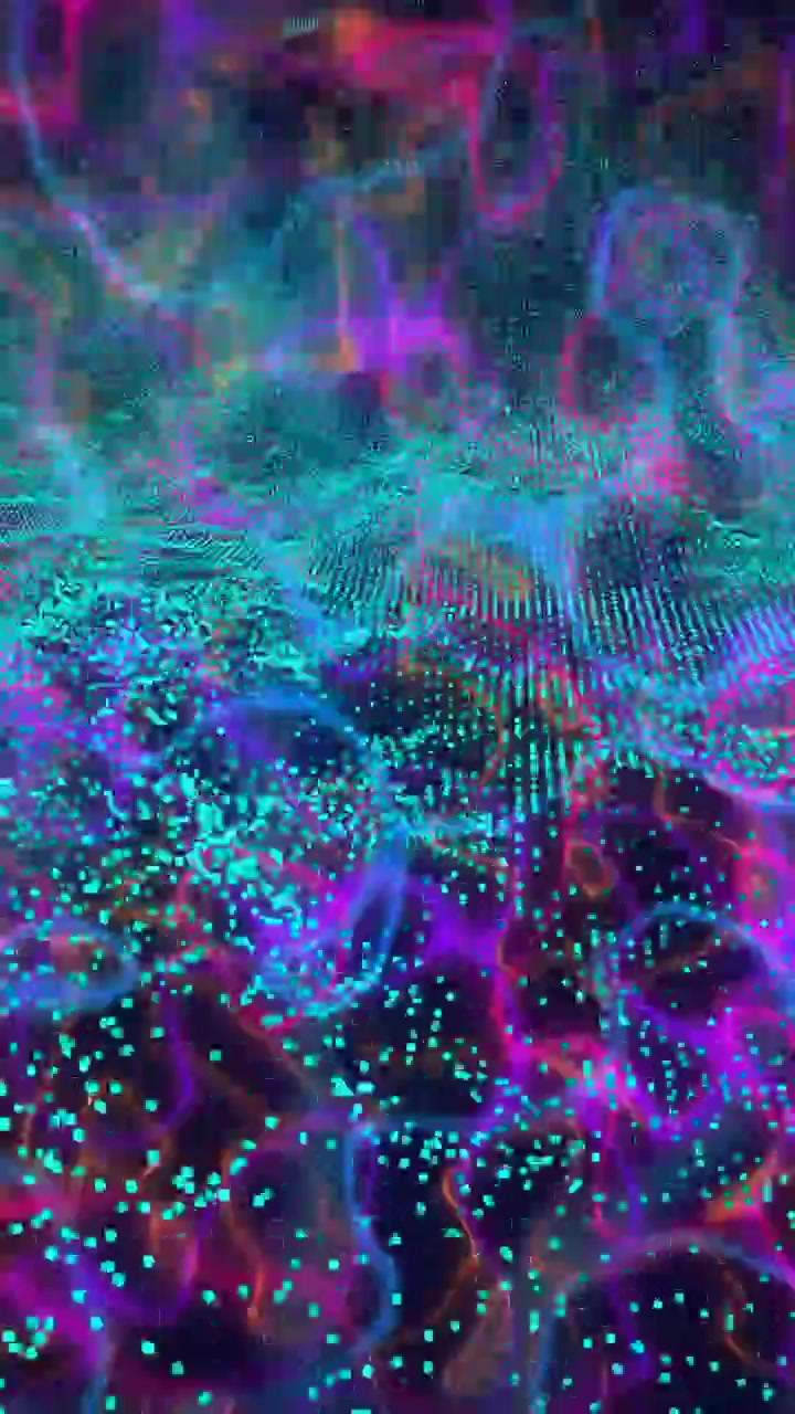 Vertical video: Aqua particles starting swell, neon ribbons pulsing, orbs rising, showing horizon