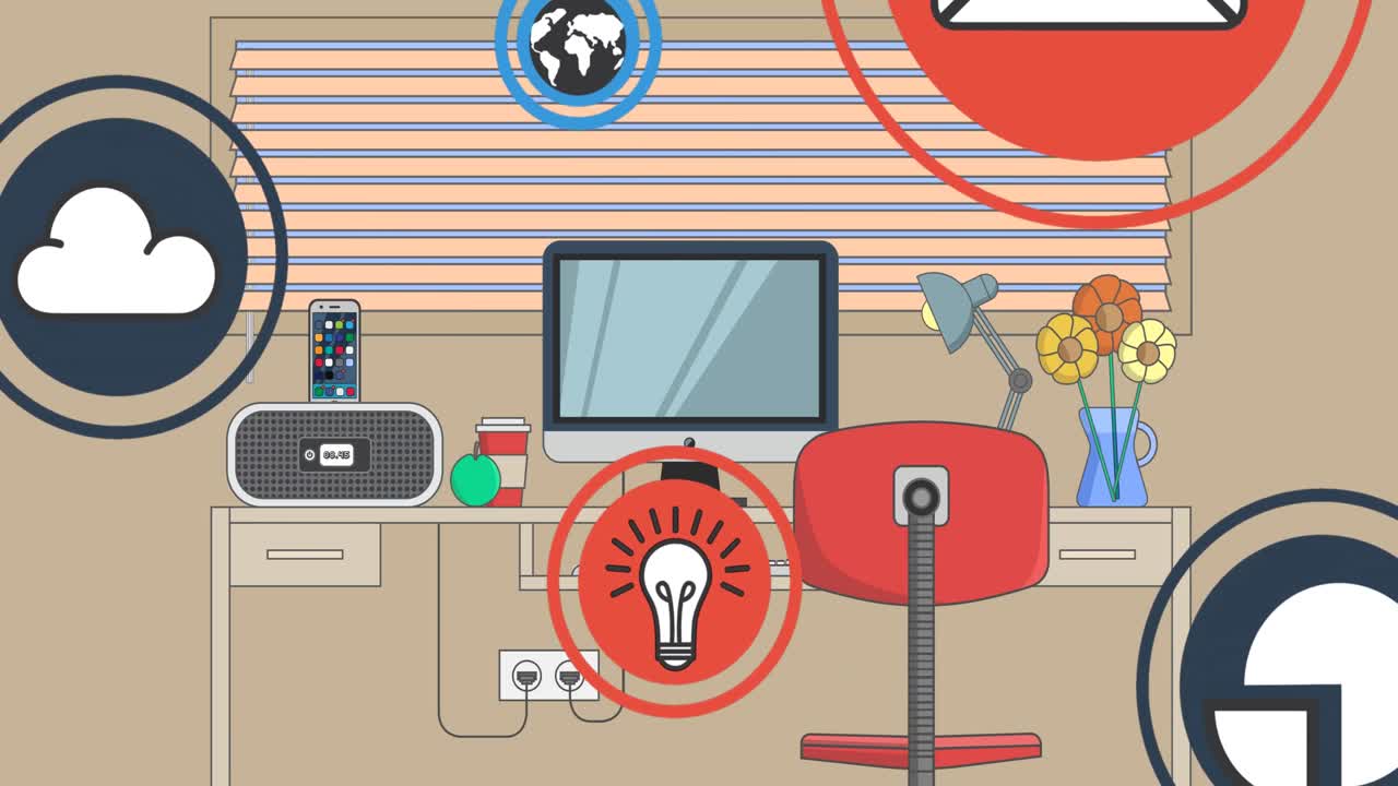 Animation of media icons over office