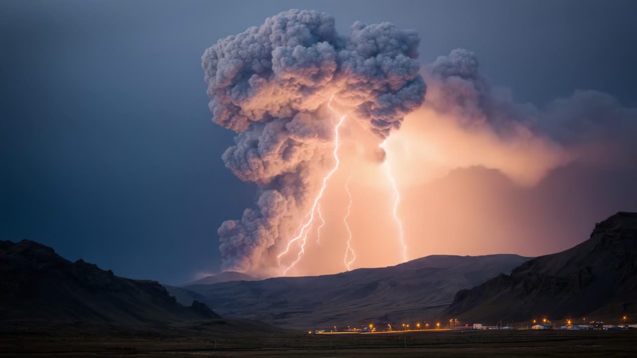 Dramatic Eruption: A Captivating Display of Nature's Fury as Lightning Strikes During a Volcanic Eruption, Illuminating the Dark Sky and Surrounding Landscape