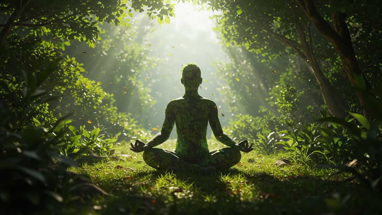 A Serene Meditation in Nature: Embracing Inner Peace and Harmony with the Natural World in a Lush Green Forest Setting