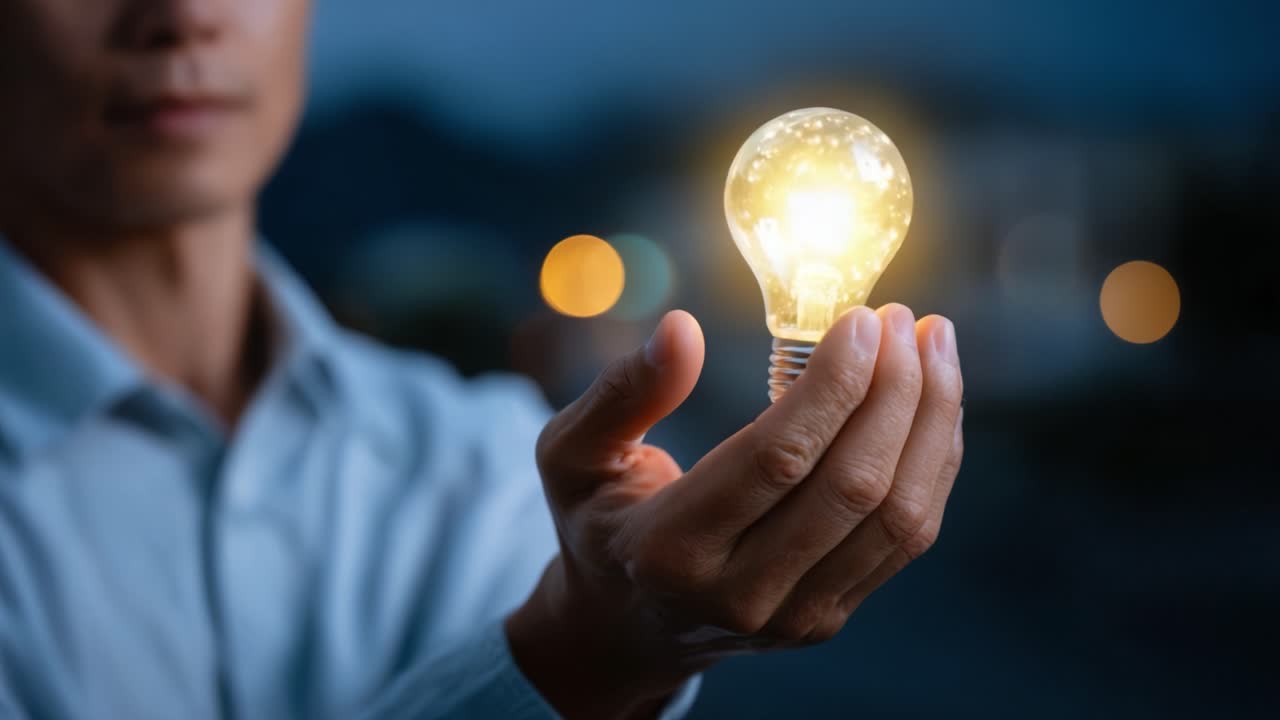 An individual holding a glowing light bulb illuminates creativity and innovation, symbolizing ideas and inspiration in a captivating evening setting