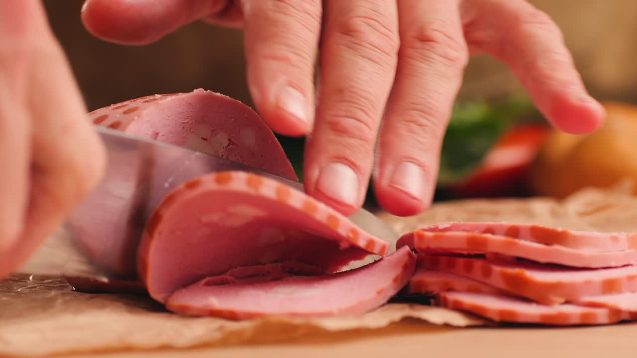 Ham italian mordatella, man Slices Of Traditional Italian antipasti mortadella sausage on a wooden cutting board, close up macro of chicken or turkey jamon, fat breakfast dish.