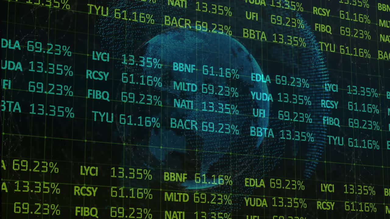 Dashboard receiving live feed, updating % tickers, settling columns around dotted globe for finance