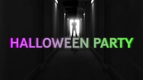 Animation-of-halloween-party-text-in-purple-and-green-over-scary-figure-backlit-in-dark-corridor