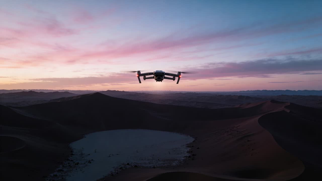 Máy bay không người lái (quadcopter) đang bay lơ lửng trên lòng chảo sa mạc, ánh bình minh rọi sáng từ phía sau, đèn đỏ đang bật và đang quay phim.