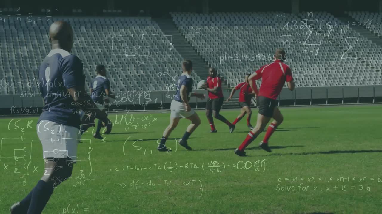 두 개의 다민족 럭비 팀이 플레이하는 수학 방정식과 공식의 애니메이션