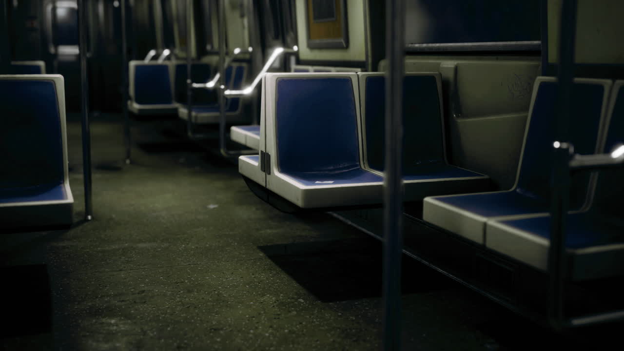 Empty subway train interior with blue seats and dim lighting during late night