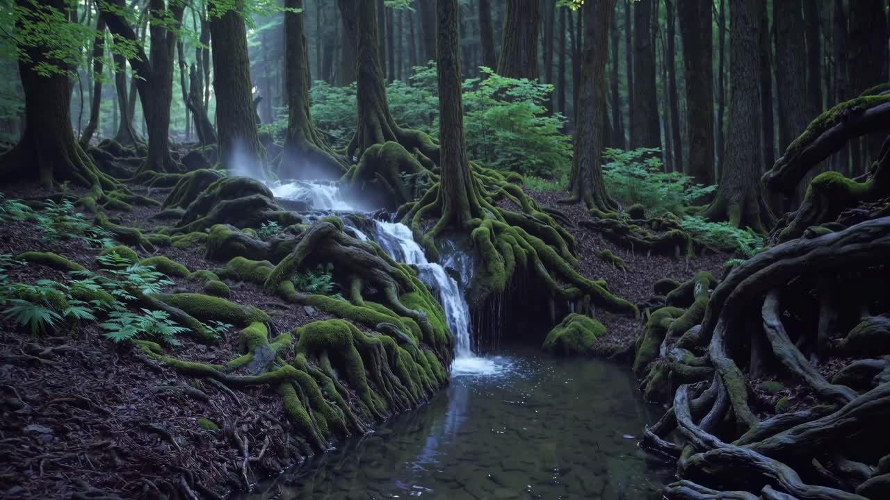 A serene forest scene with moss-covered roots and a gentle stream, captured at eye level