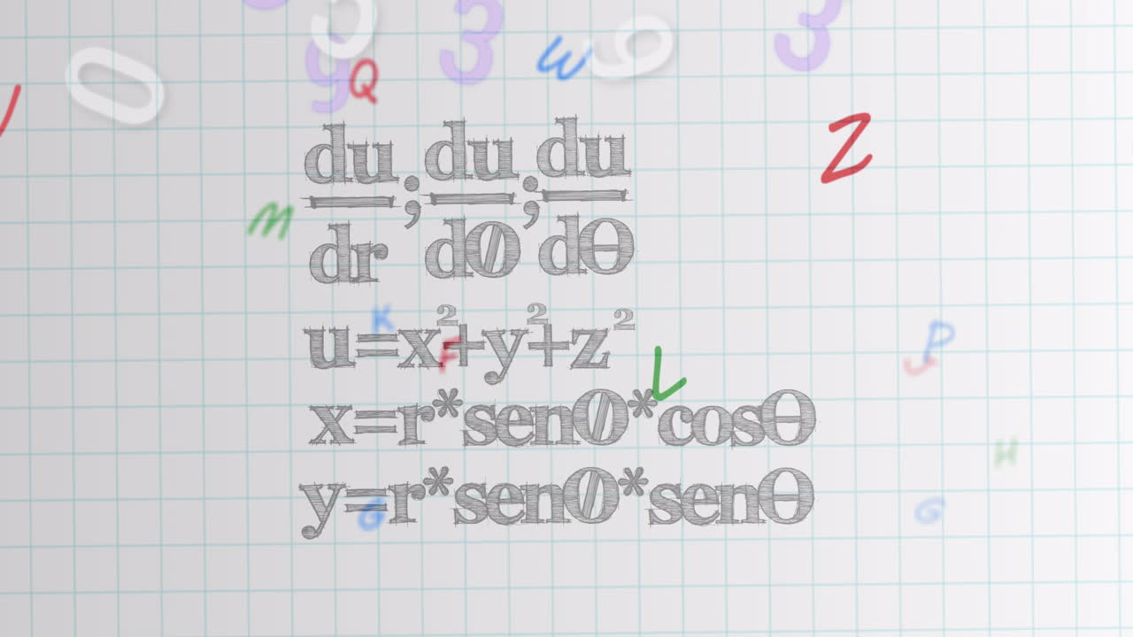 Animation of falling numbers over mathematical equations in school notebook