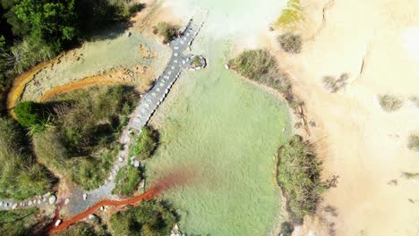 Hot-Pools-by-Welcome-Flat-Hut,-tourist-attraction,-Copland-hiking-track-in-New-Zealand,-aerial-view