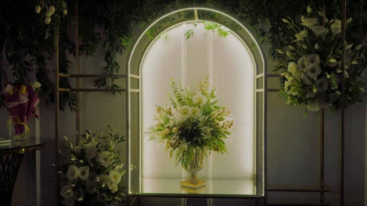 Lussuose decorazioni di fiori bianchi, disposte in un unico bouquet in un vaso d'oro all'interno di un'arcata luminosa, ripresa in tracking.