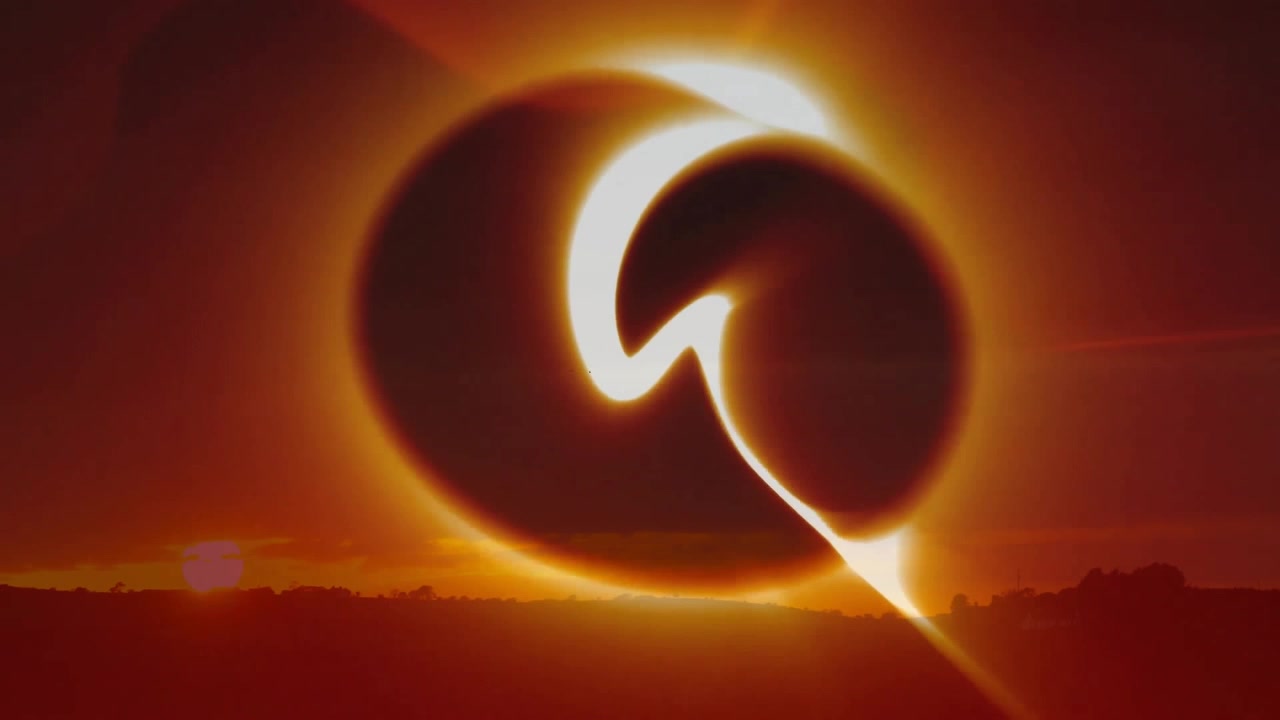 Moon silhouette transiting sun, rotating flare arcs and ribbons visualizing partial eclipse