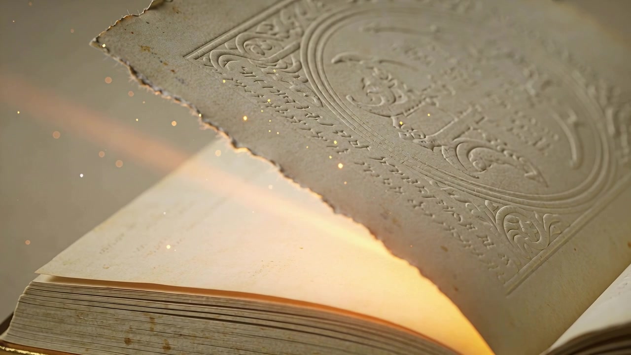 Sollevamento di una pagina decorata con bordi irregolari e in rilievo su un tavolo, con retroilluminazione che appare e rivela il bordo dorato