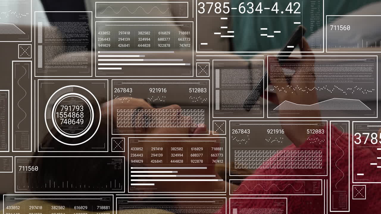 woman tapping phone and typing laptop at wooden desk, showing wireframe charts technology overlay