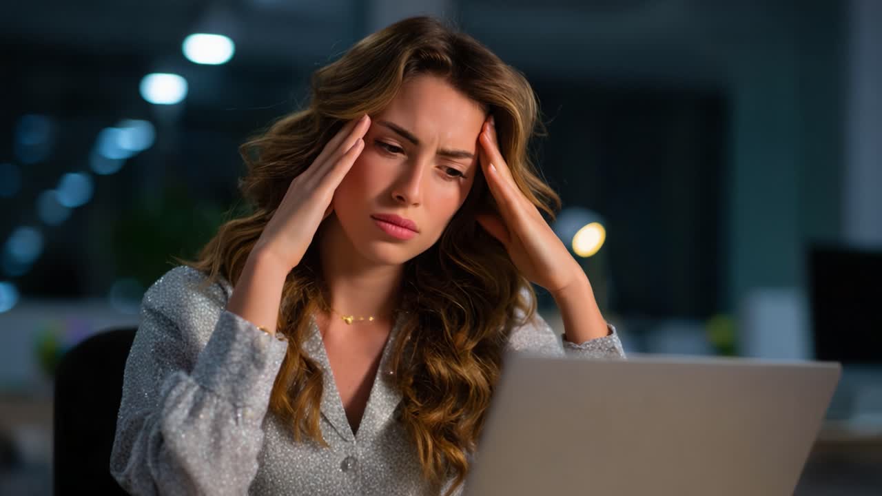 Woman Experiencing Stress and Frustration While Working Late at Night on a Laptop, Showing Signs of Mental Fatigue and Concentration Challenges in a Dimly Lit Office Environment
