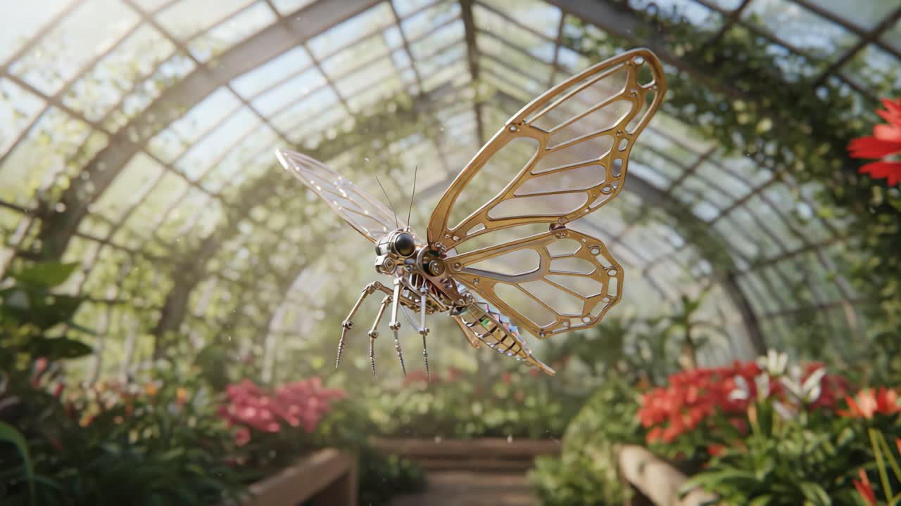 En betagende udsigt over en gylden robot-sommerfugl, der yndefuldt flyver i et levende drivhus, og viser det indviklede design og den smukke flora omkring den