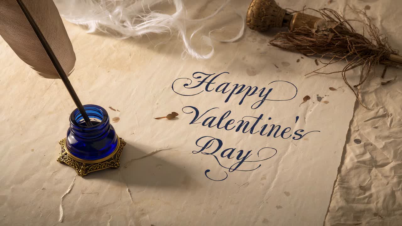 Panning camera revealing Happy Valentine's Day script at desk, highlighting blue inkwell and quill