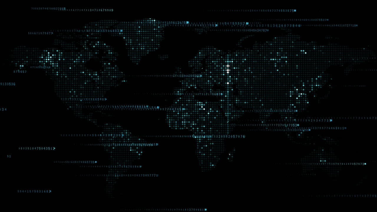 Abstract technology digital backgrounds with world map. Animated digital computer code. Looped motion graphics.