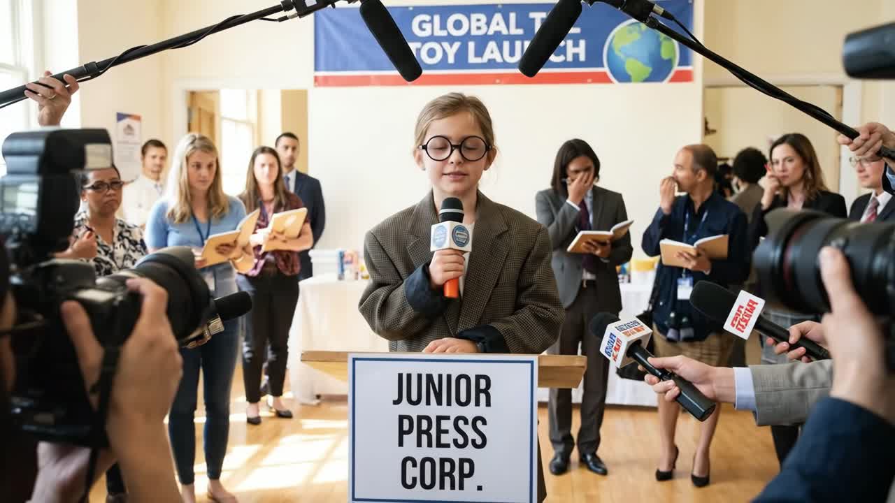 Young Girl Speaking at Junior Press Conference with Microphones