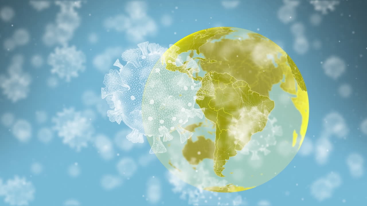 전 세계를 날아다니는 코로나19 세포의 애니메이션