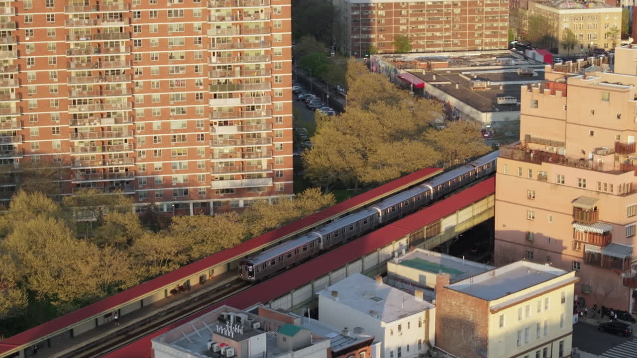 Aerial view of the subway in Brooklyn. Shot at dusk on a spring day.
