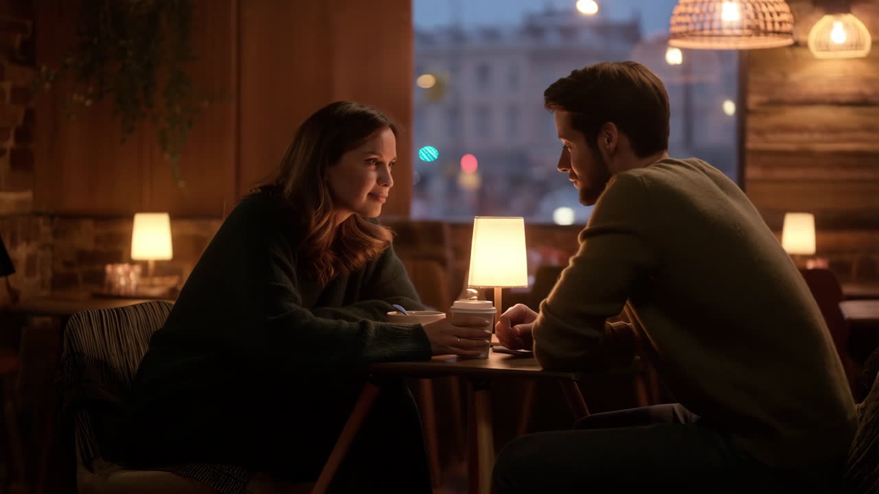 커플이 카페에서 커피를 마시고 있다