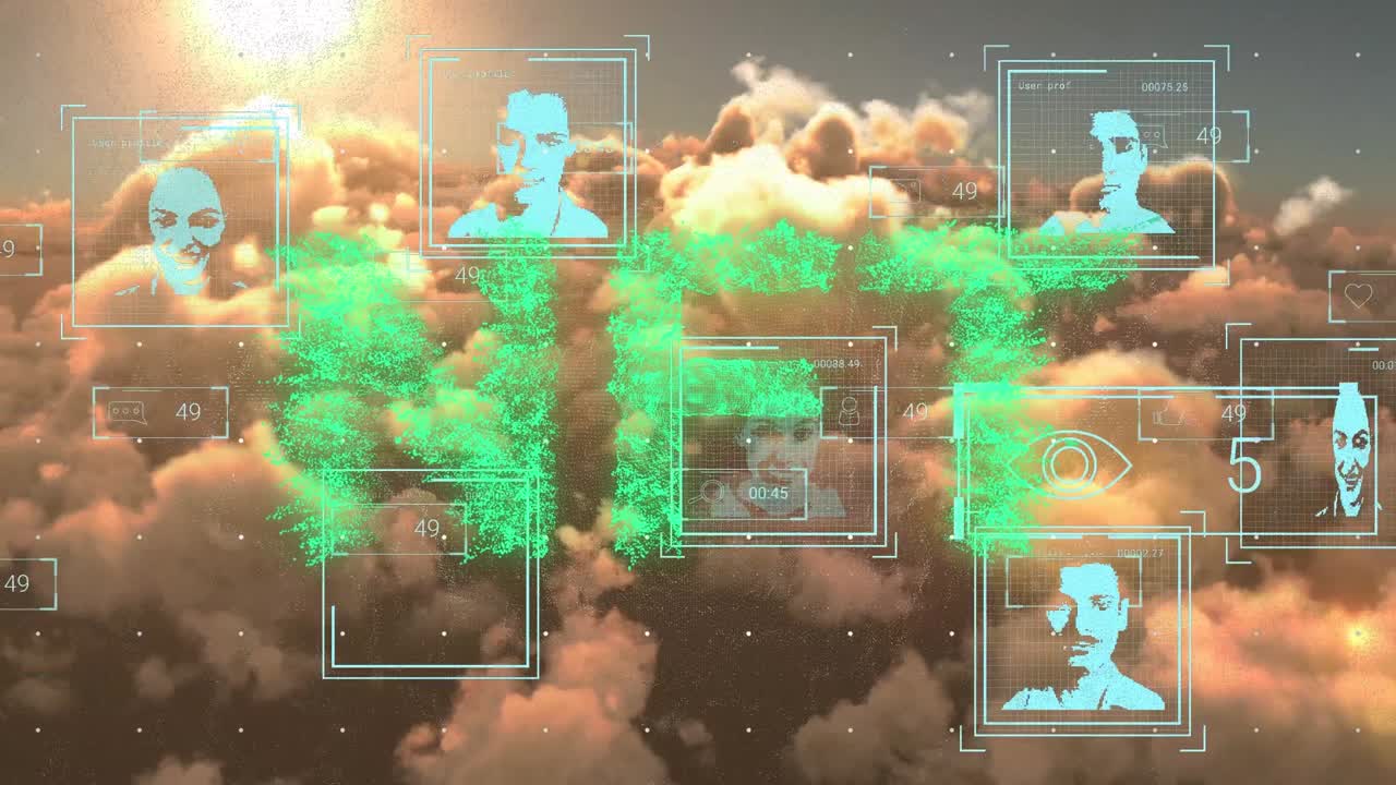 animación de los usuarios de las redes sociales y nft sobre nubes