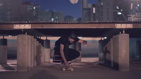 skateboarding on rooftop at night
