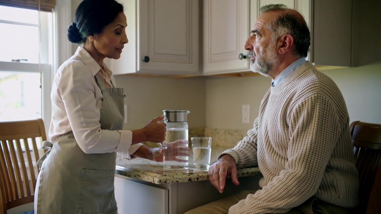 Positioning pitcher, woman pouring water into glass at kitchen counter in gray apron, serving man