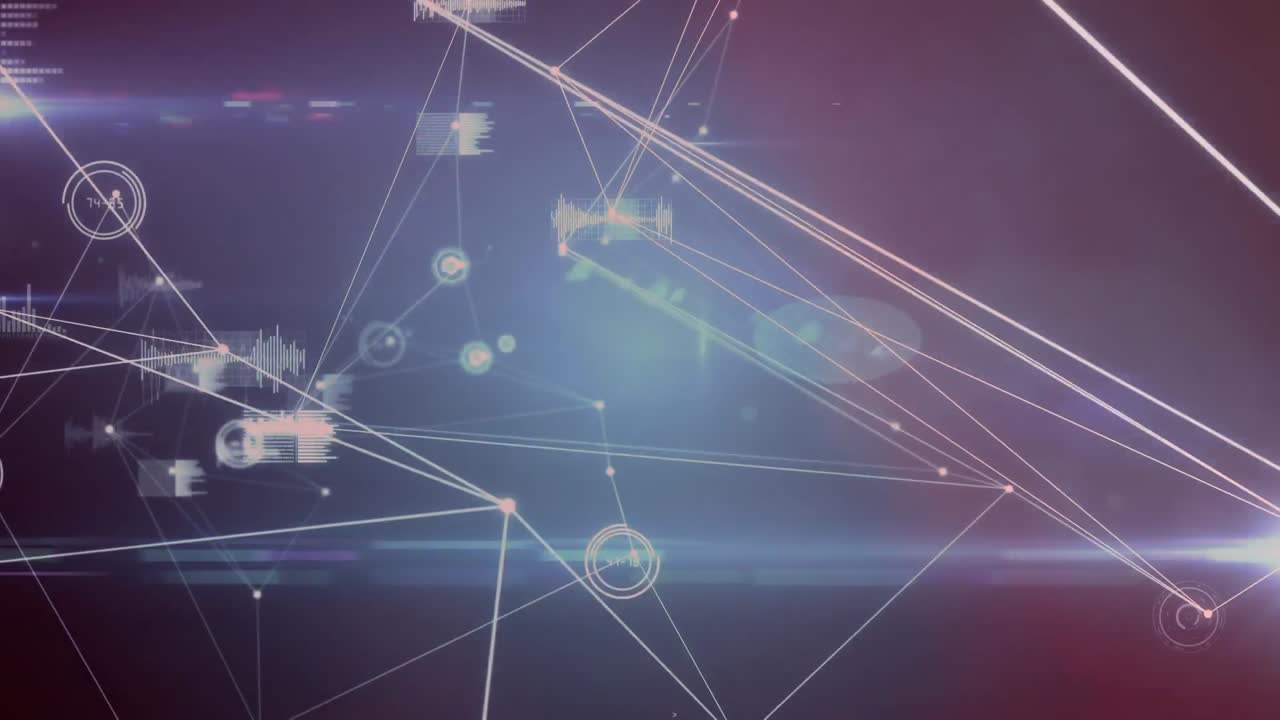 animación de la red de conexiones y procesamiento de datos contra un punto de luz sobre fondo azul.