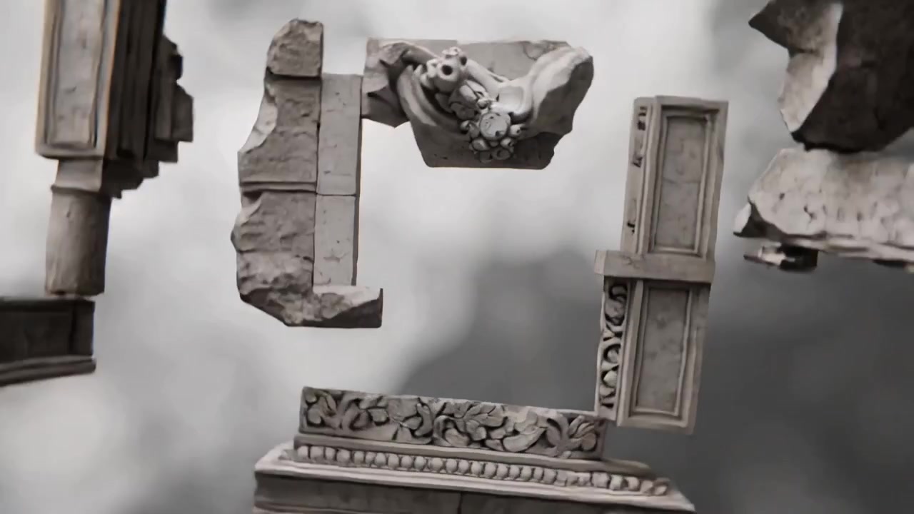 Rotating classical stone fragments shifting against cloudy sky, revealing carved head and cornice