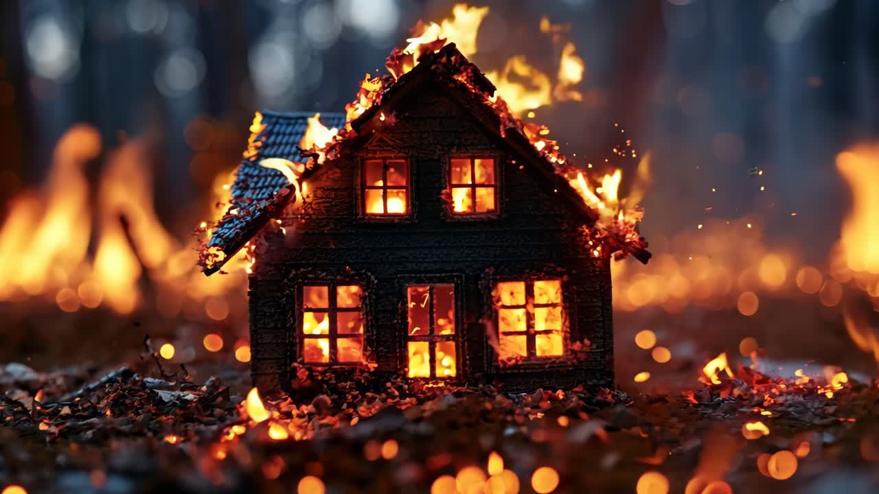 A small house is surrounded by a fire. The fire is orange and yellow, and it is very close to the house