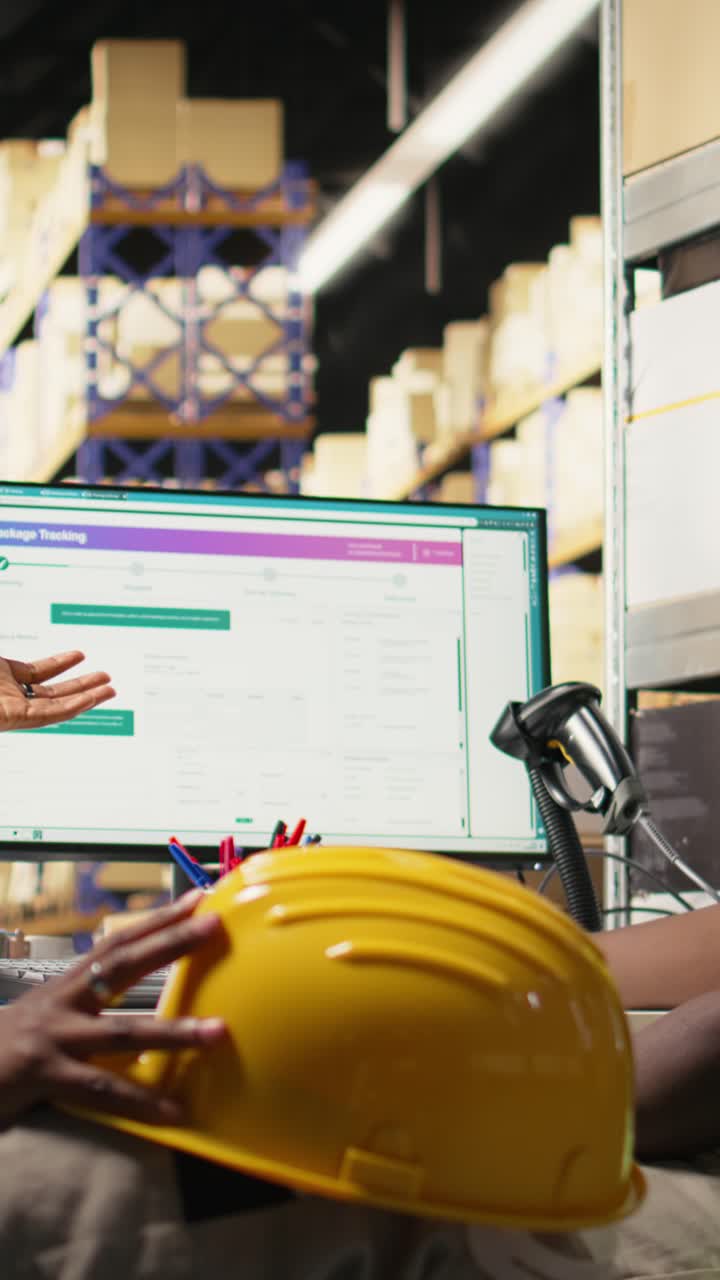 Vertical Video Black warehouse manager expressing her disappointment for her staff