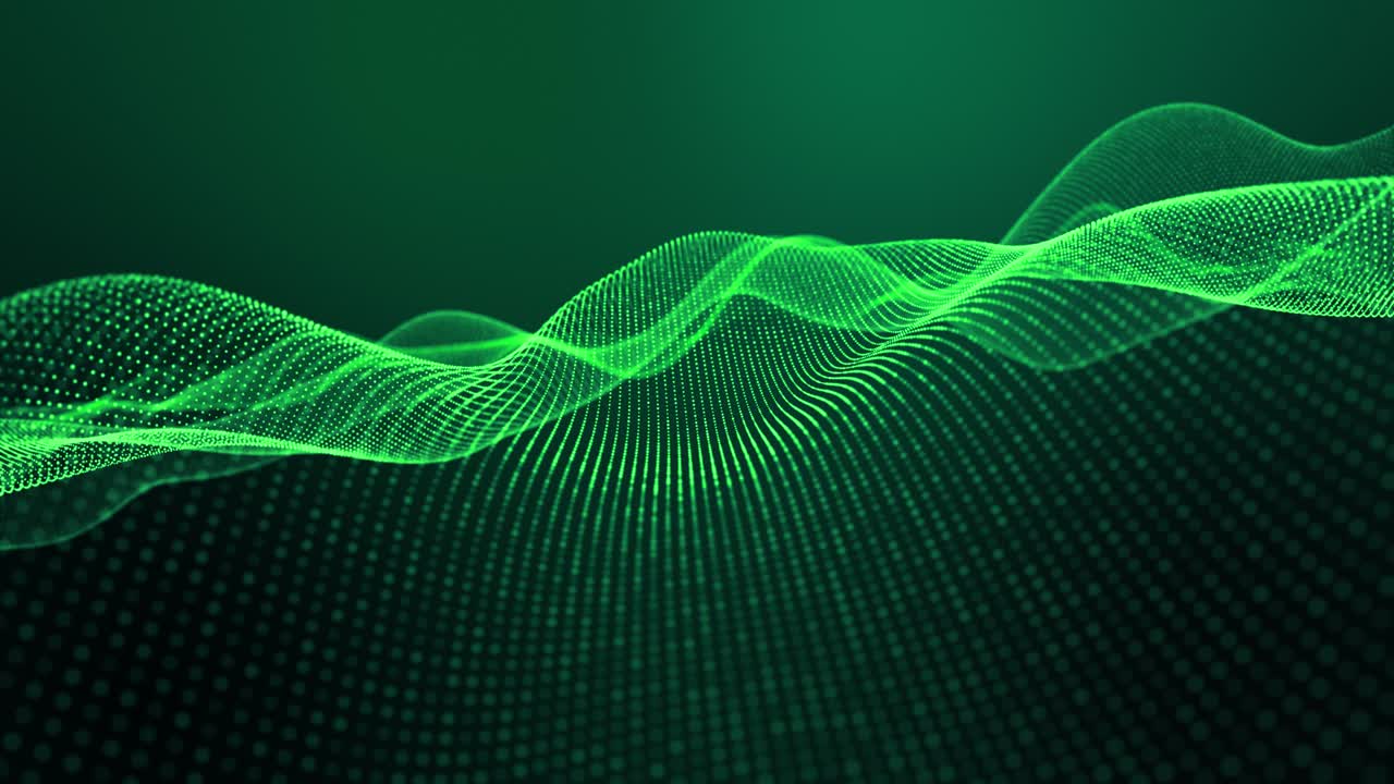 4k looped abstract green background of glow particles form lines, surfaces, structures as futuristic landscape in cyberspace or hologram. Sci-fi theme with DOF, lighting effects and bokeh.