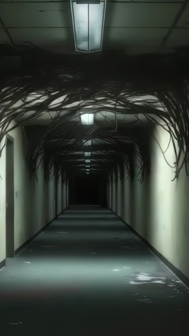 Vertical video: Long corridor under fluorescent lights showing tendrils seeping from ceiling cracks