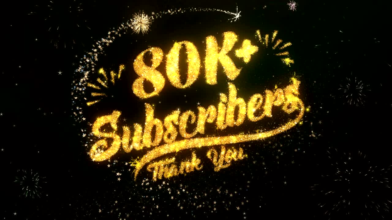 80k 가입자 인사 및 소원 카드는 반이는 입자 및 반이는 빛의 어두운 밤 하늘과 다채로운 불꽃놀이 4k 배경으로 만들어졌습니다.