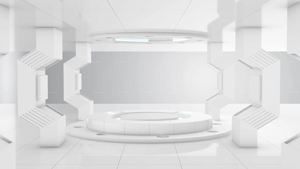 volando en blanco futurista laboratorio de construcción de túnel 3d y centro de la etapa del círculo, 4k