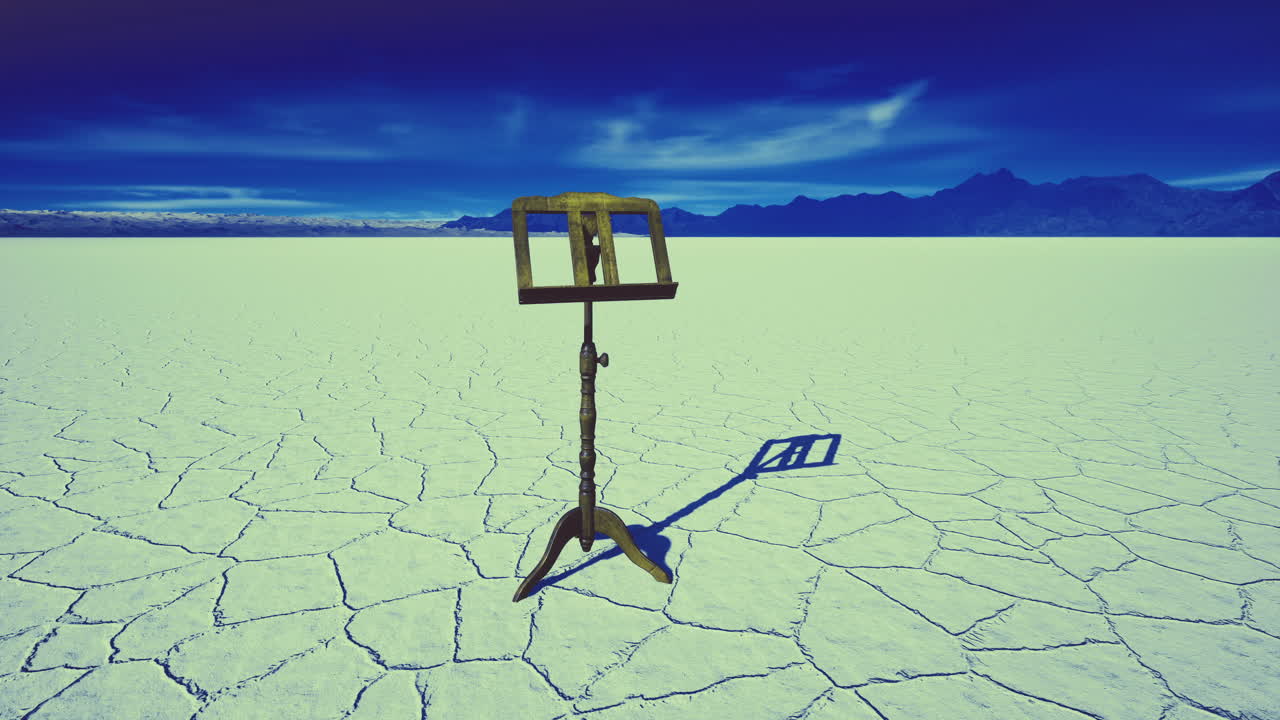 Easel stands alone in vast salt flat under bright blue sky
