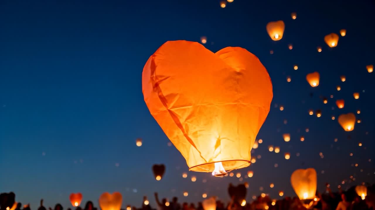 Gente soltando linternas al anochecer para un evento, lanzando una linterna naranja con forma de corazón que se eleva con una cálida llama