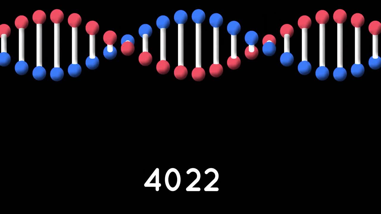 검은 바탕에 dna 구조를 회전시키는 증가하는 숫자의 디지털 애니메이션