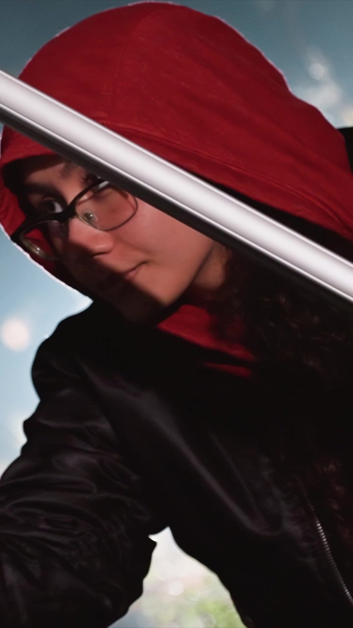 El sujeto lleva gafas mientras sostiene una barra de metal al aire libre. Objeto blanco rectangular sostenido horizontalmente por la mano izquierda. Un fondo azul nublado permanece constante en todos los fotogramas