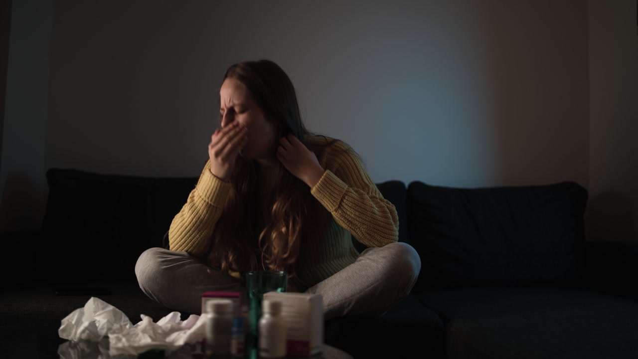 Sick woman coughing indoors while fighting viral infection. Flu season, respiratory illness, and staying home while sick.