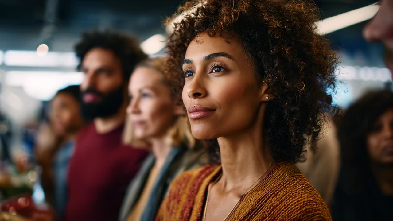 Capturing Moments of Reflection: A Woman in Focus Surrounded by Engaged Friends Observing a Dynamic Environment, Illustrating Connection and Shared Experience in a Vibrant Setting