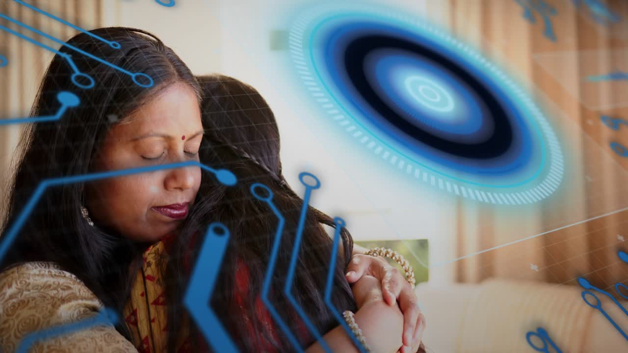 Mother comforting daughter on sofa, frames sparking blue tech holo ring and circuits overlaying
