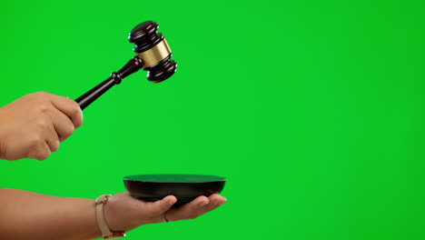 hands, judge and gavel  on green screen for law