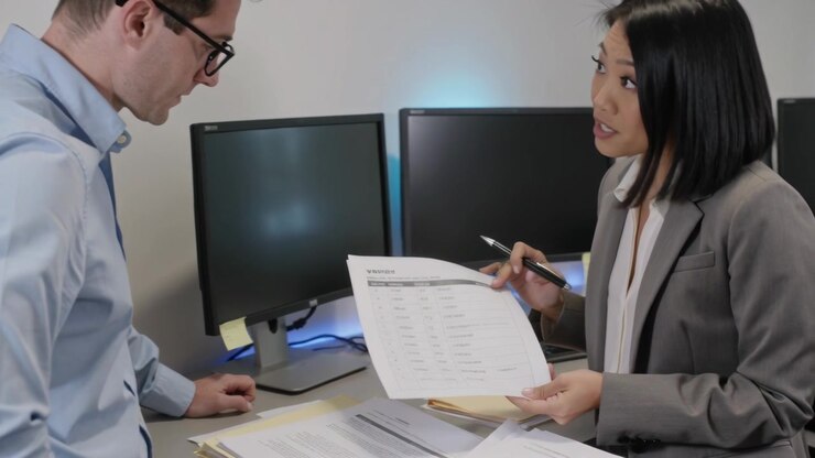 Presenting woman pointing pen at sheet, man leaning in at desk wearing blazer for approval, signing