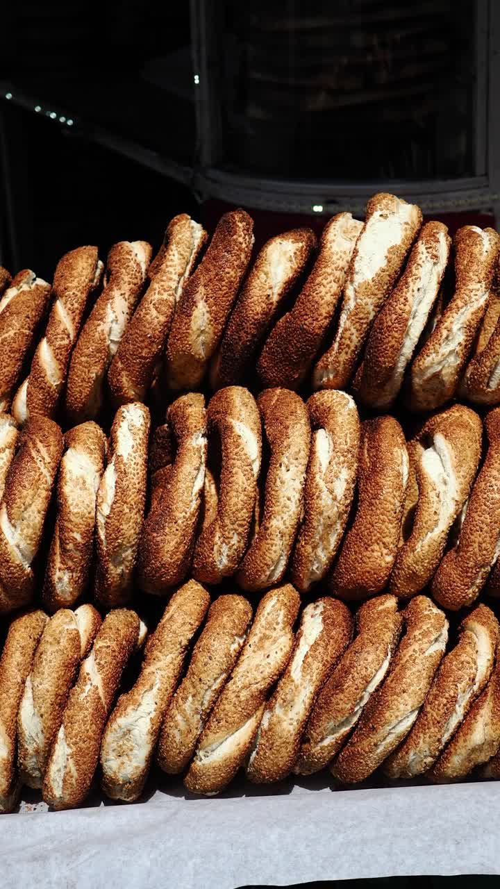 Rows of Freshly Baked Turkish Simit with Sesame Seeds